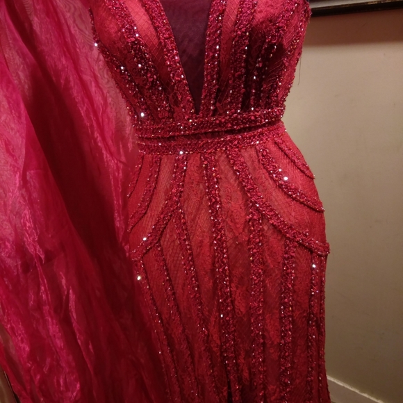 Custom handmade red lace beaded mermaid gown $2500 - Picture 2 of 13